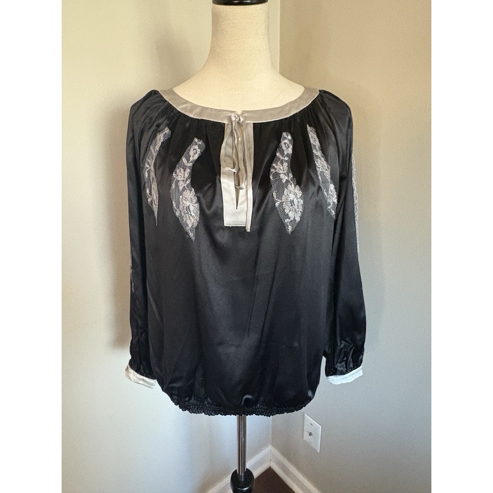 Vanita Rosa Paris St Barth Black Silk Satin Lace Blouse Bubble Hem Ribbon Medium